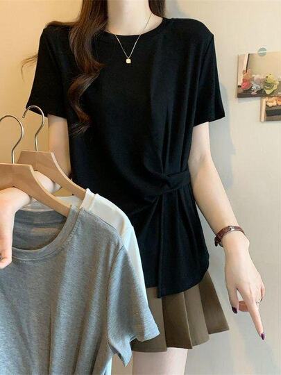 Plus Size Asymmetrical Design Short-Sleeved T-Shirt for Women Spring and Summer 2025 New Style Loose and Slimming Fashionable Outer Wear Two-Piece Set