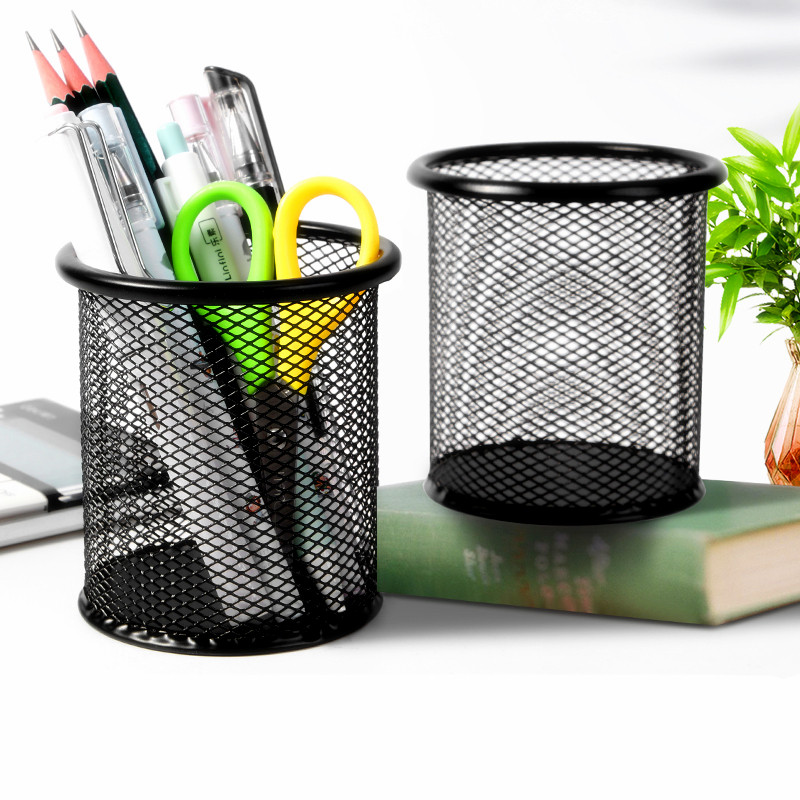 Metal mesh pen black circular large capacity anti-slip pen pen pen office desktop to accommodate simple creativity