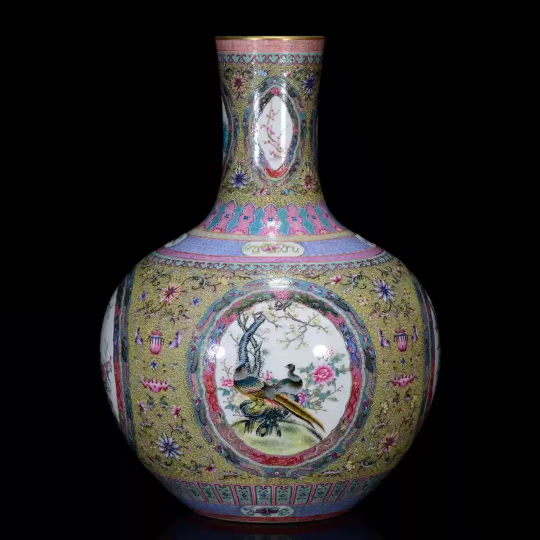 清乾隆古月轩重工粉彩四季花鸟纹天球瓶0116 古玩古董