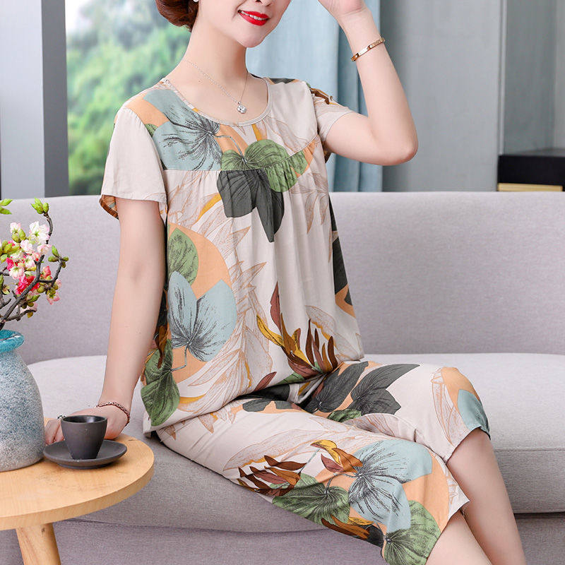 Cotton Silk Short Sleeve Suit Women's Summer New Fashion Exterior Wear Home Foreign Pie Looser Two Sets Mom Middle-aged
