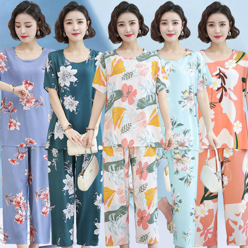 Middle aged Mianlin Home Clothing Middle Aged Mother Cotton Silk Pyjamas Woman Summer Thin short sleeve artificial cotton two-piece style suit