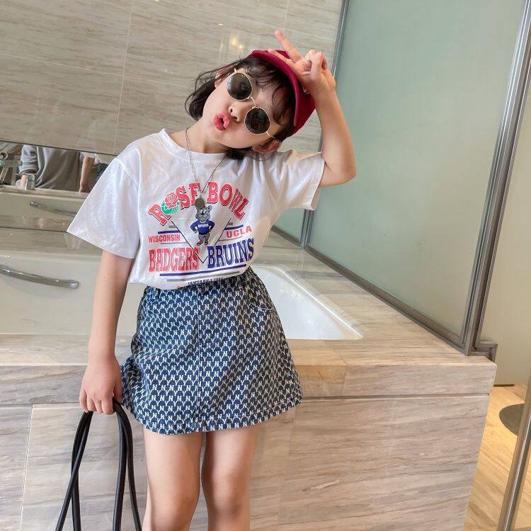 Girl's Summer Halfbody Denim Dress 2022 New Foreign Pie Suit Children's Skirt Two Sets Of Printed Loose T-Shirts