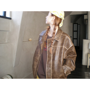 Cckok Retro Coffee Brush Color Craft Lapel Leather Jacket 2025 Autumn New Sweet Cool Biker Jacket for Women
