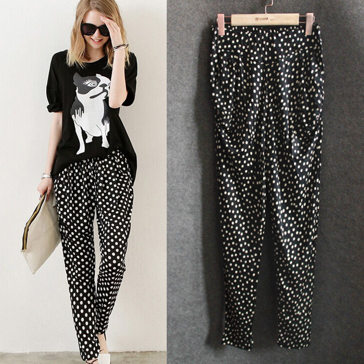 Xu Huang Knit Genuine Silk Retro Black & White Wave Dot Casual Harun Pants Coveted High Waist Wide Pants Summer Women Thin