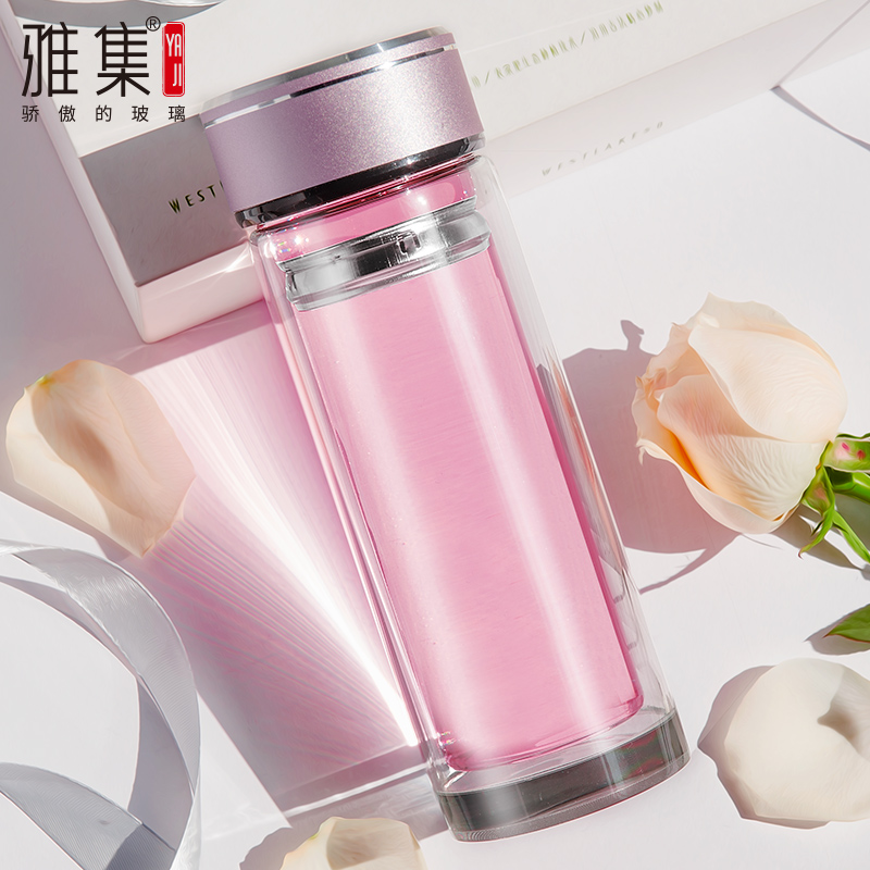 Yaji double-layer glass heat-resistant thickened creative crystal cup men's and women's business with lid portable filter bubble cup