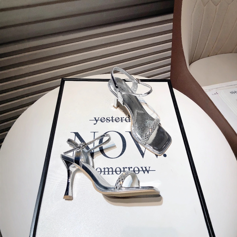 Super Shiny and Beautiful Rhinestone One-Word High-Heeled Banquet Shoes for Women Silver Stiletto Sexy Open-Toe Sandals 2025 Summer New Style Super Shiny and Beautiful Rhinestone One-Word High-Heeled Banquet Shoes for Women Silver Stiletto Sexy Open-Toe Sandals 2025 Summer New Style