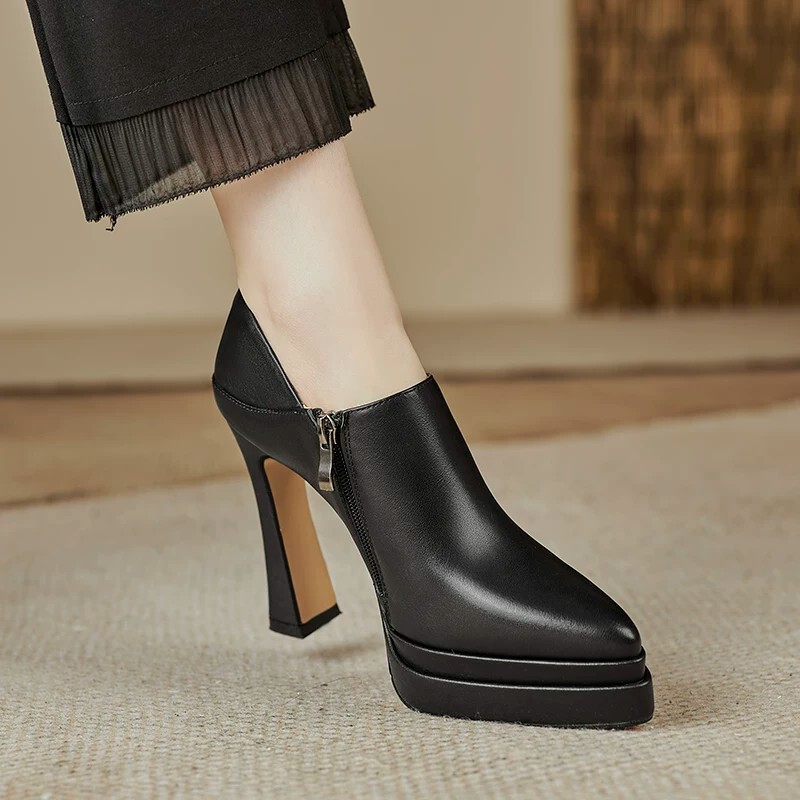Genuine Leather Waterproof Platform Model Runway High Heels for Women, New Spring and Autumn Pointed Toe Thick-Soled Chunky Heel Versatile Deep-Cut Single Shoes for Women Genuine Leather Waterproof Platform Model Runway High Heels for Women, New Spring and Autumn Pointed Toe Thick-Soled Chunky Heel Versatile Deep-Cut Single Shoes for Women