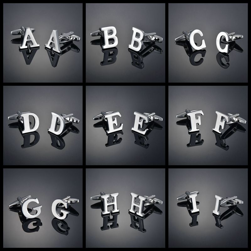 Fashionable 26 English Letters A-Z Silver Metal Men's Cufflinks French Shirt Cuff Button