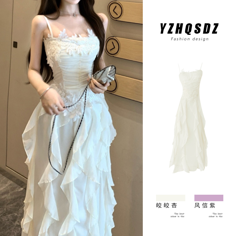 White Heavy Floral Dress for Women, Summer Beach Mesh Slip Dress, Waist-Cinching Long Vacation Dress with Slit