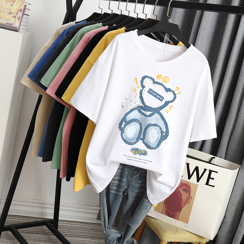 230 catties large size cotton T-shirt women's short-sleeved summer V-neck fat mm design niche Korean loose top half-sleeve