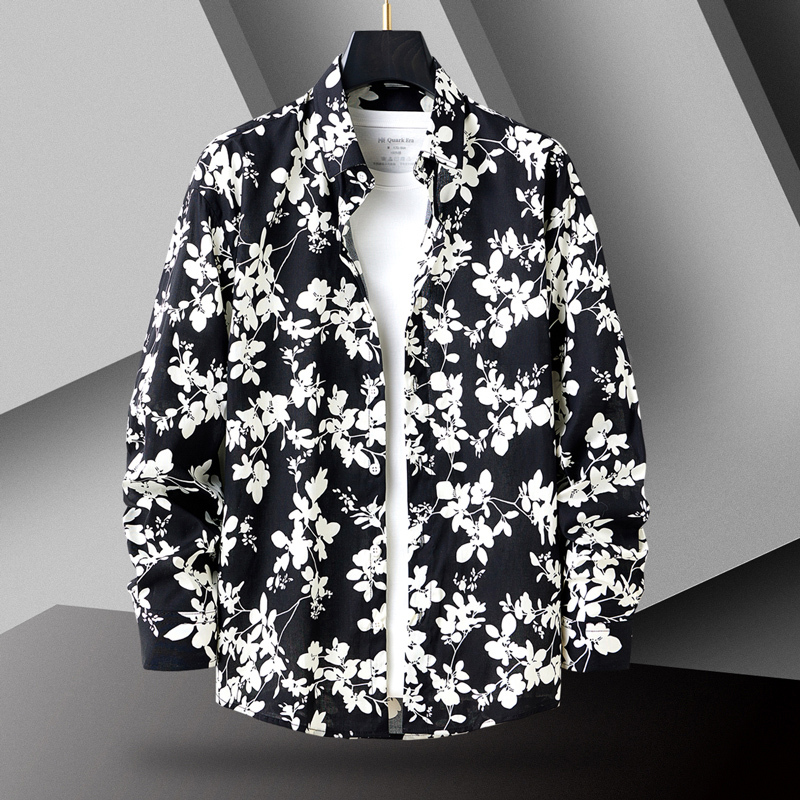 Autumn Floral Print Shirt for Men, Long-Sleeved Casual Trendy Brand Pure Cotton Patterned Shirt, Cool Black and White Jacket Top