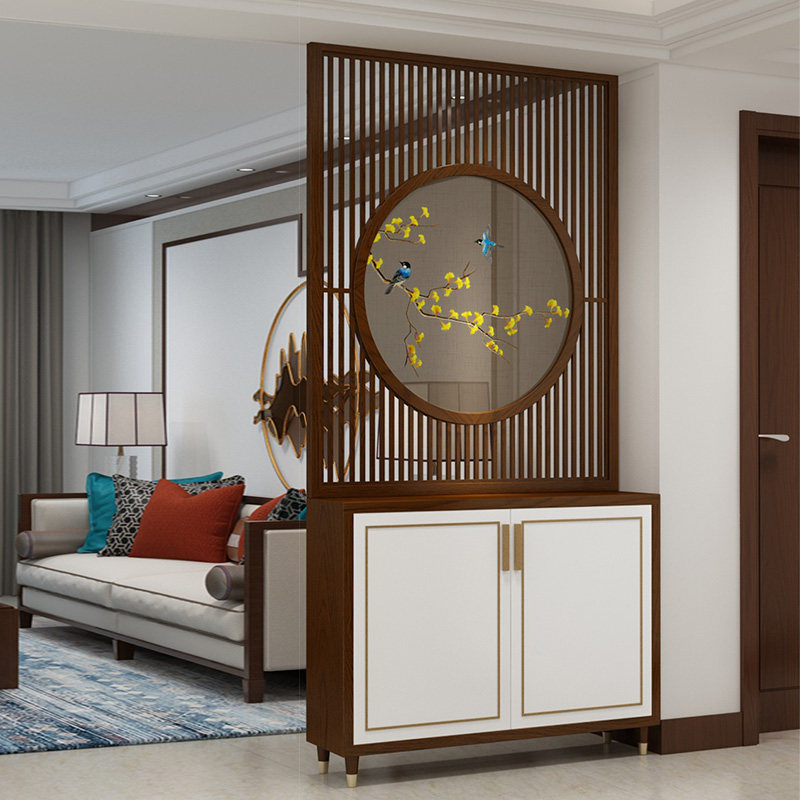 Entrance Light Luxurious Closing Cabinet Partition Living Room New Chinese Solid Wood Bifacial Embroidery Hollowed-out Screen Integrated Room Cabinet