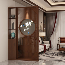 Embroidery log screen partition living room entrance entrance entrance solid wood wood decoration new Chinese double-sided shelf