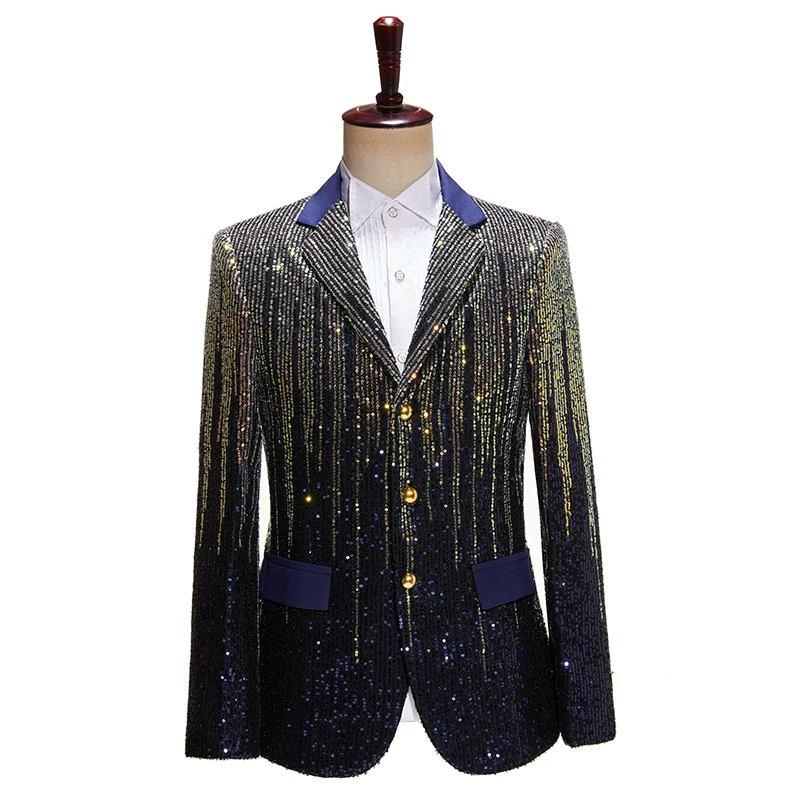 [潮男士七彩流星渐变亮片西服三粒扣主持酒吧闪亮走秀西装外套单西]