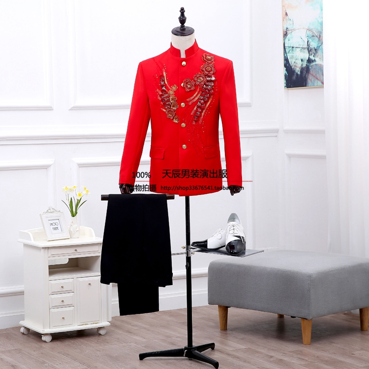 Phong cách dân tộc retro trang phục áo dài nam phù hợp với Trung Quốc quần áo hai bộ set-set hoa tay đỏ đen trắng những kiểu đồ bộ đẹp