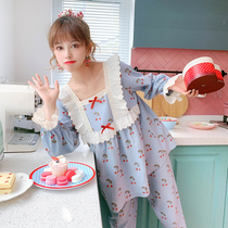2021 New cute cherry pajamas women cotton long sleeve trousers cotton princess style sweet set two pieces Spring