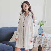Off-shoulder pajamas Womens Spring and Autumn long sleeves Ice Silk thin sexy high density with high honey net red nightgown summer shirt models