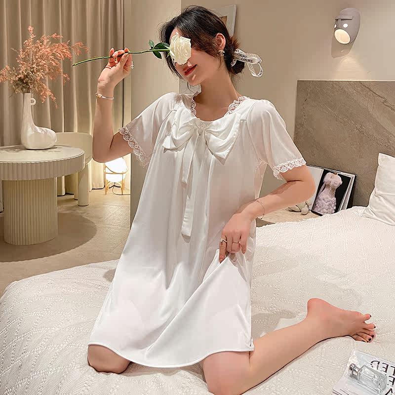Sleepwear women Summer slim fit Short sleeves Ice Cute Bow Tie Sleeping Dress 2022 New Foreign Dress Subhousehold