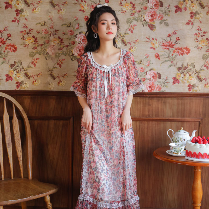Palace Wind Pyjamas Women's Summer Thin models Modale Short sleeves lace Chopped Flowers Fairy Princess Sleep Dresses Loose housedress