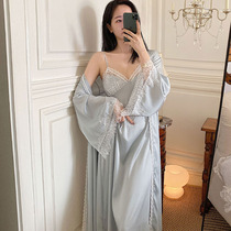 Palace style ice silk pajamas female spring and summer sexy lace suspenders long sleeve robes sweet princess home clothes two-piece set