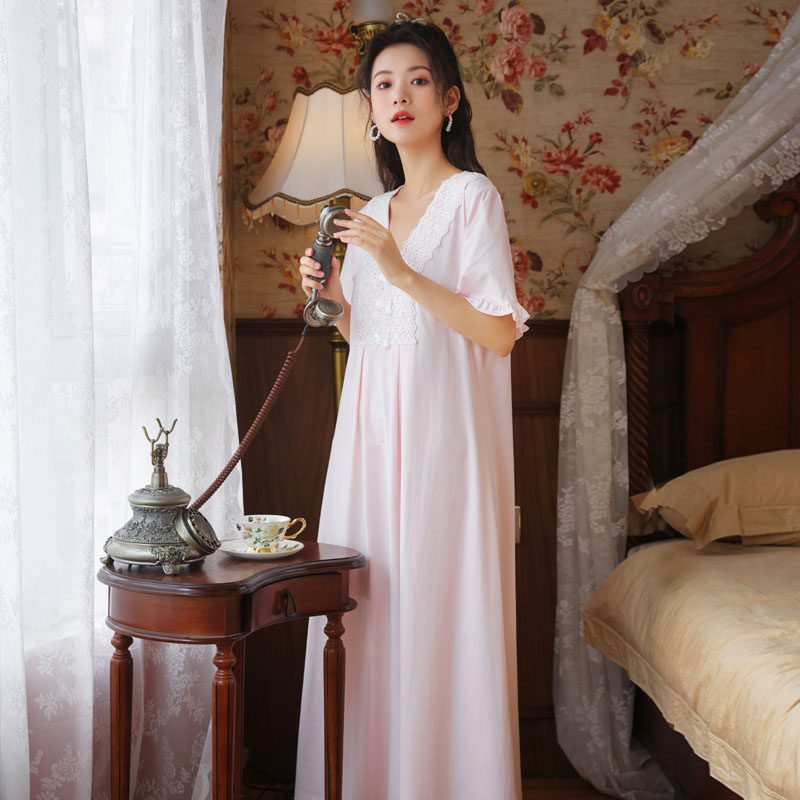 Princess Wind Pyjamas Woman Summer Thin short sleeves lace sweet and beautiful fairy Wind long version over knee Sleeping Skirt Loose housedress