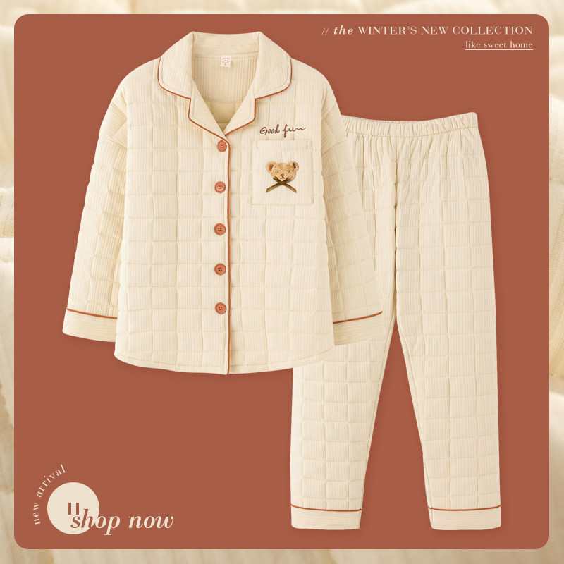 Mrs. Thly Sleepwear Woman Autumn Winter Pure Cotton Thickened 2021 New Couple Small Bear Men Winter Laid Cotton Suit