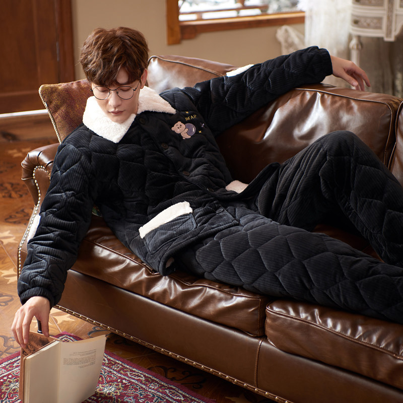 Men's sleepwear winter style thickened and velvety coral suede three-layer clip cotton ultra-thick and large size for winter 2021 new