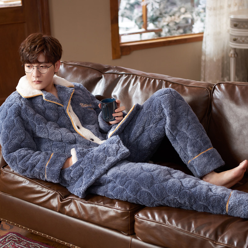 Brand men's pajamas winter thickened plus velvet coral fleece three-layer quilted 2020 new super thick home pajamas