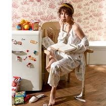 Three-piece pajamas female summer Korean version fresh student summer Korean version loose thin long sleeve Japanese wide leg pants set