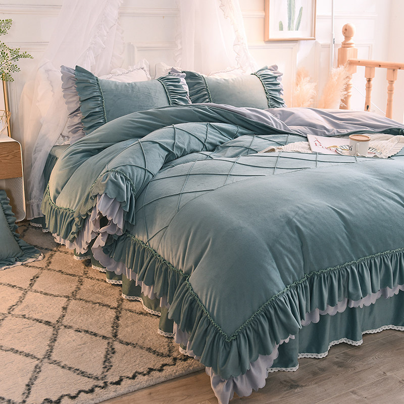 Korean-style thickened crystal velvet four-piece winter warm double-sided coral velvet quilt cover princess bed skirt flannel