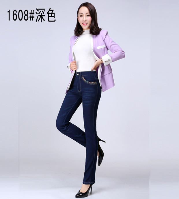 Quần mùa đông cộng với quần jean nhung mẹ quần co giãn ấm áp quần trung niên cỡ lớn quần cao eo thẳng quần bò nữ đẹp