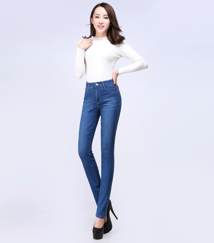 Mùa xuân 2018 mới quần jeans ống đứng thẳng nữ quần cạp cao cạp cao cho mẹ trung niên size lớn Quần co giãn thời trang nữ 2021