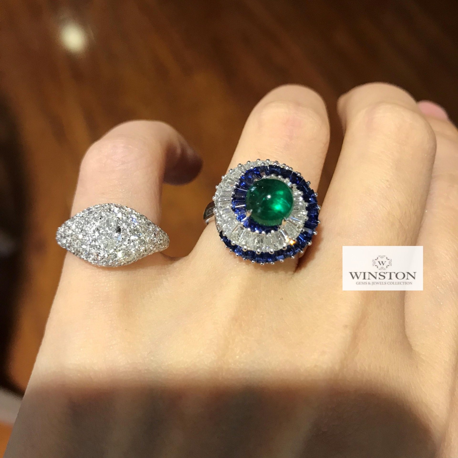 High - Defined Green Eye Emerald Diamond Sapphire Special Cutting Ring