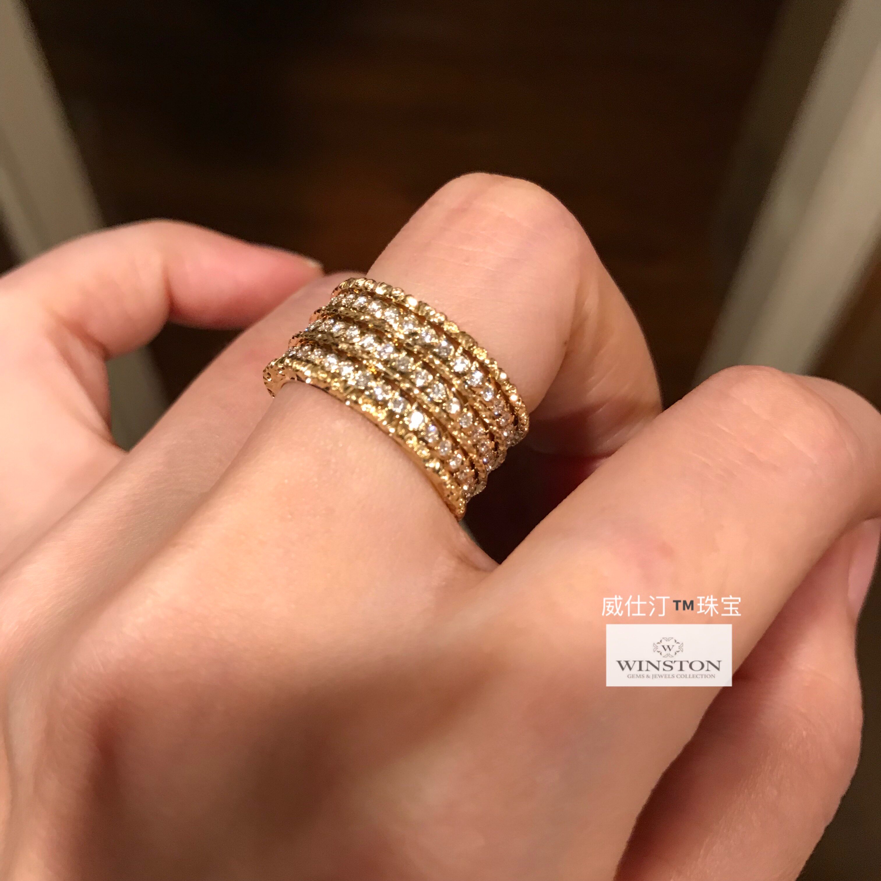 (Westin Jewelry) Italian pure hand-carved gold craftsmanship 18K yellow gold diamond wide ring