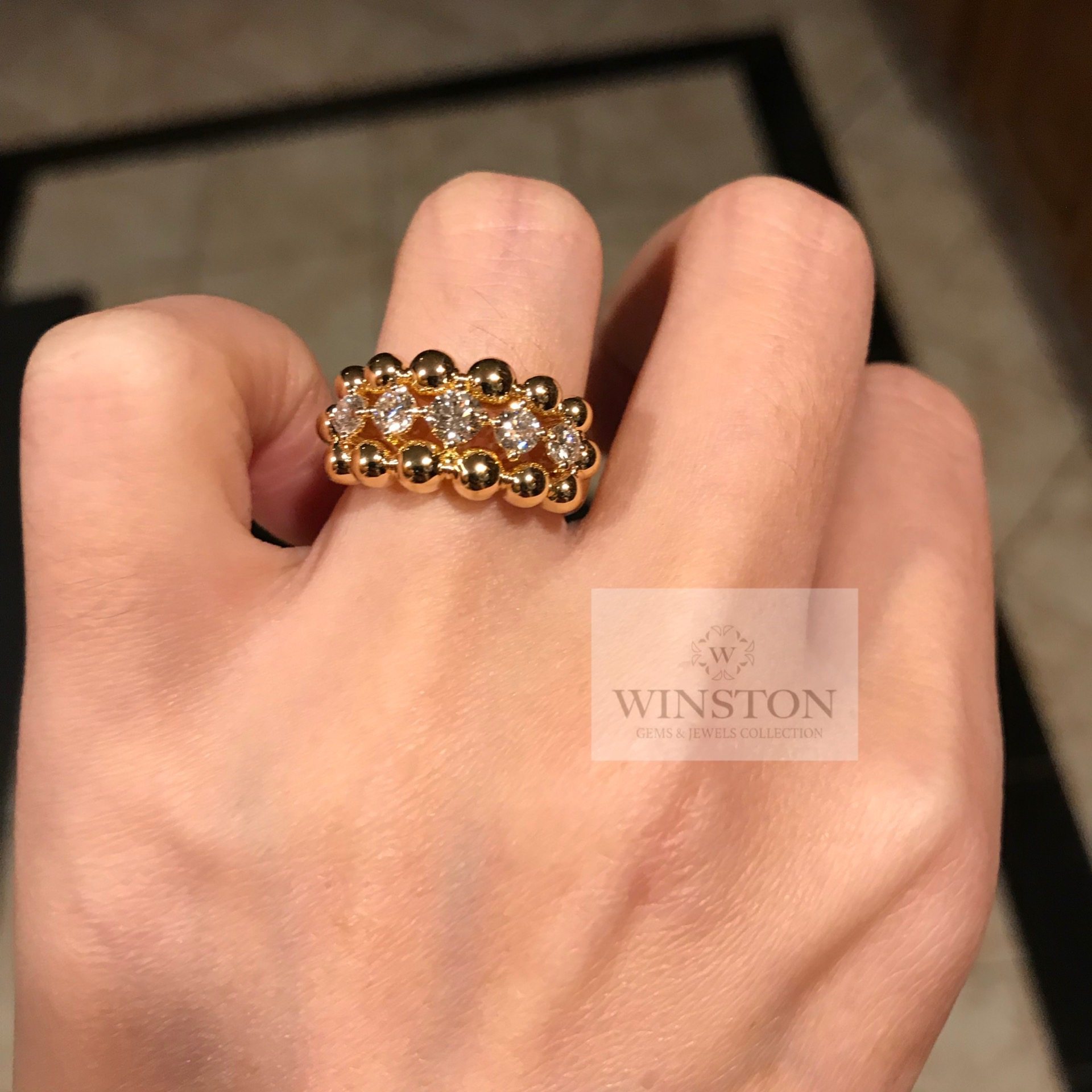 (Wistine Jewels) Classic Large Pearl Beads Gold Pearl Round Pearl Diamond 18K Gold Wide Version Bully Steak Ring ring