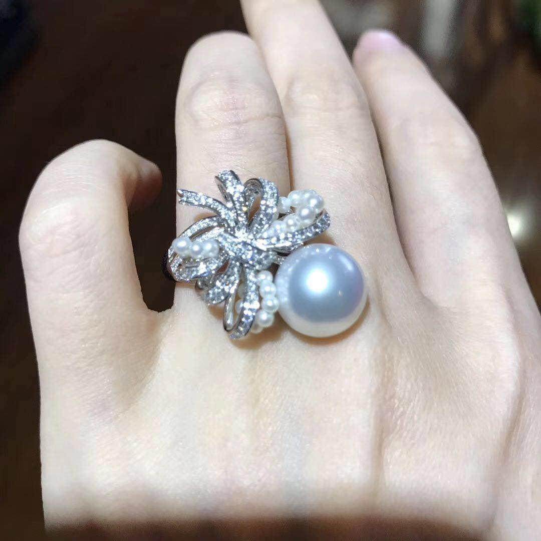Choose Nanya White Pearl Stereo Butterfly Bow (WASTIN) Choose 18K Platinum Ring