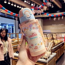 Summer With Straw Children Kettle Elementary School Kids Hearts Anti Leaking Cute Cartoon Kindergarten Portable Plastic Cups