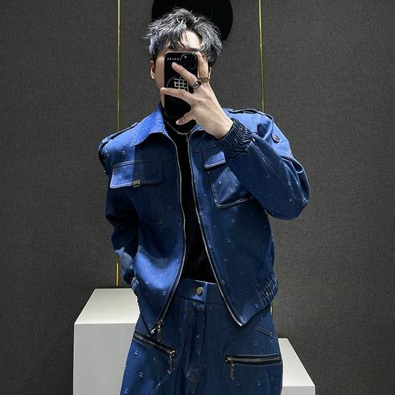 
Niche ripped hole cut design denim suit boy wash shoulder pad short jacket jacket straight trousers two-piece set