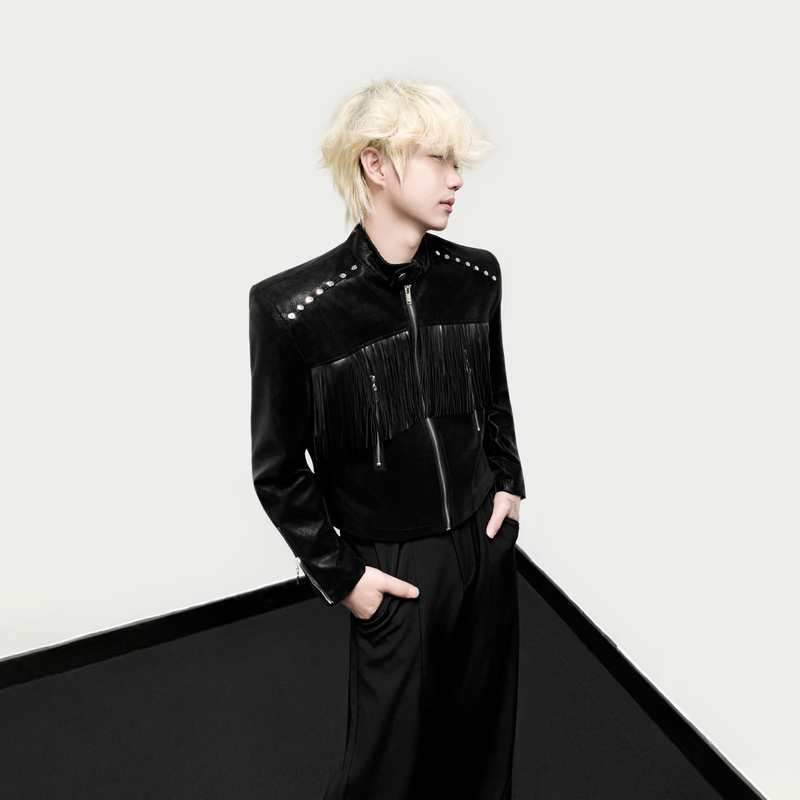Korean Style Three-Piece Stand Collar Studded Fringe Leather Jacket Niche Heavy-Duty Short Biker Style Zipper Coat Stage Fashion