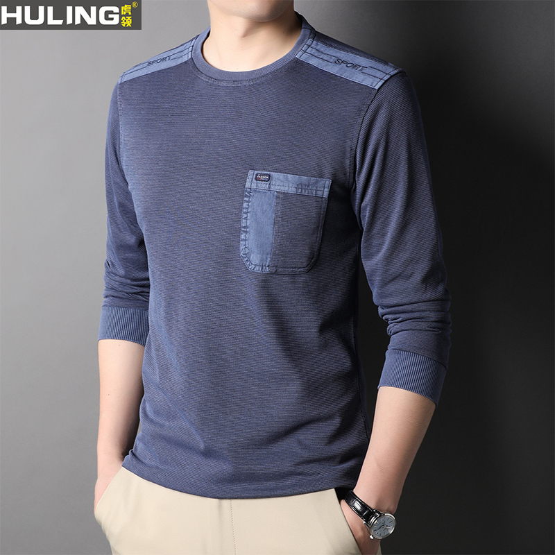 Spring and Autumn Thin Long-Sleeved T-Shirt, Pure Cotton Men's Real Pocket Patchwork Sports Sweat-Absorbent Base Shirt, Middle-Aged Casual Sweatshirt