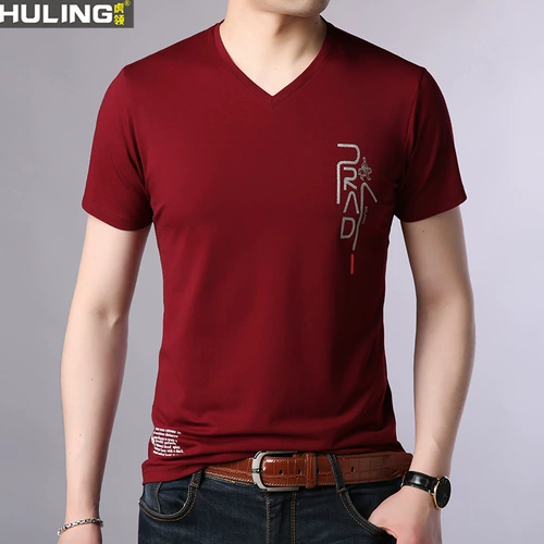 Летняя хлопковая тонкая трендовая футболка с коротким рукавом для отдыха, короткий рукав, V-образный вырез