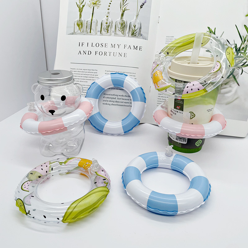 Inflatable Mini Swimming Ring Watermelon Juice Milk Tea Ice Cream Cup Holder Base Turtle Plush Toy Decoration