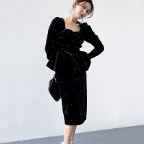 BEEWOOD Biwutong original design womens imported velvet handmade nail diamond skirt suit two-piece set