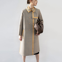 BEEWOOD Biwutong original design womens fashion temperament houndstooth splicing contrast color wool windbreaker jacket