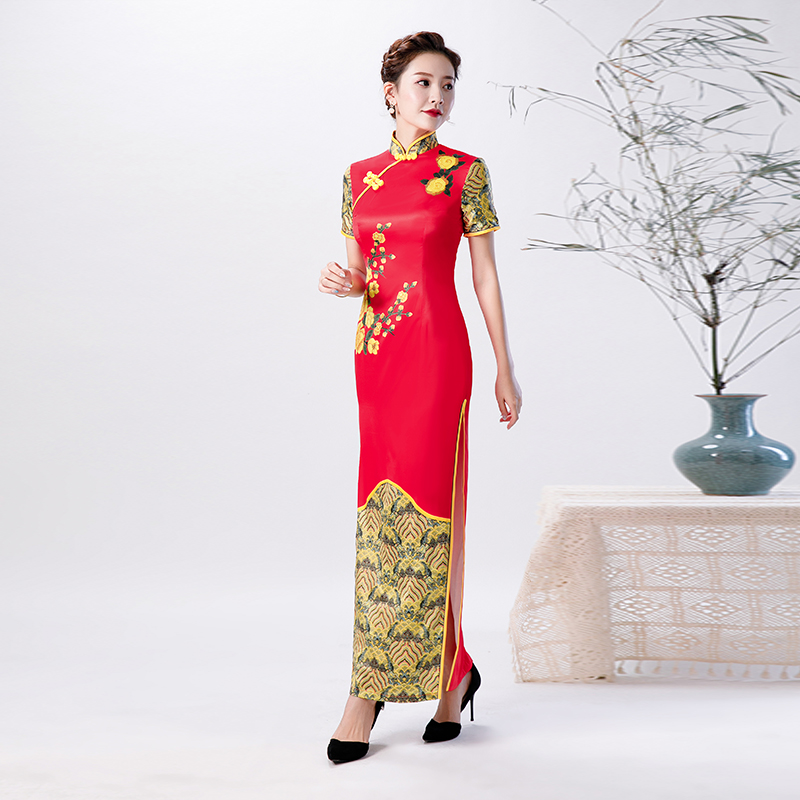Red cheongsam, elite suit, dress, spring long fitted elegant skirt, plus size, Chinese style Red cheongsam, elite suit, dress, spring long fitted elegant skirt, plus size, Chinese style