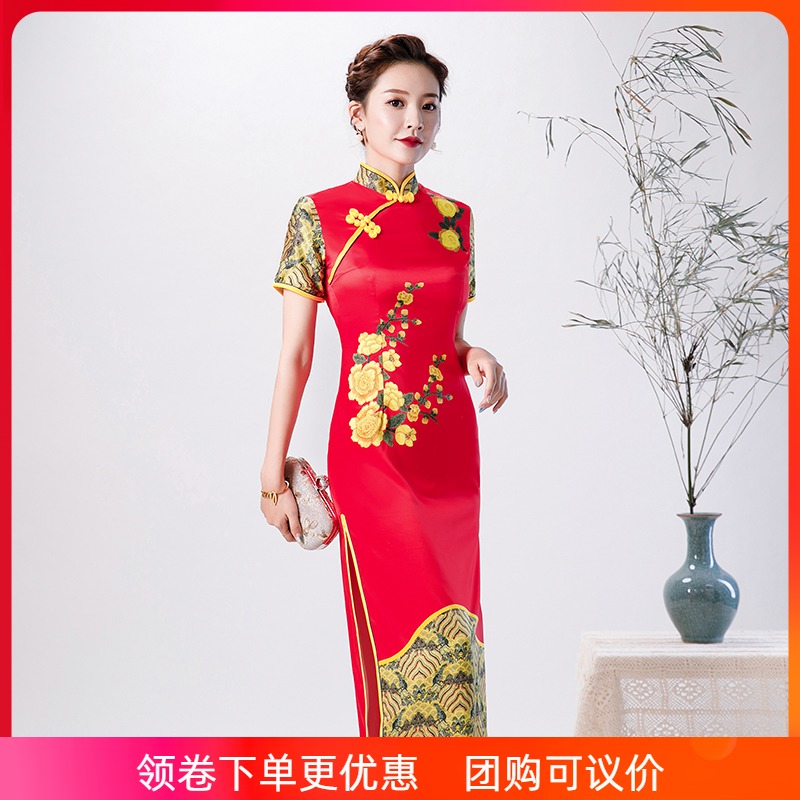 Red cheongsam, elite suit, dress, spring long fitted elegant skirt, plus size, Chinese style Red cheongsam, elite suit, dress, spring long fitted elegant skirt, plus size, Chinese style