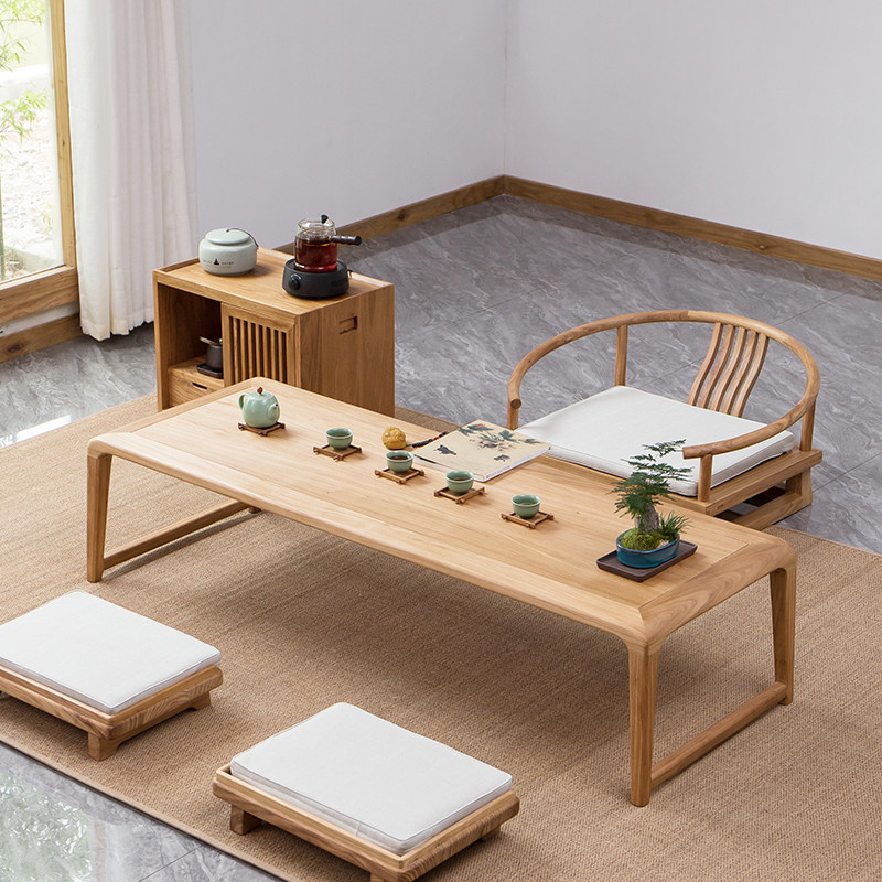 Day-style tatami Zen meditation tea table solid wood small tea table elm wood dwarf pit table floating window balcony Chinese small table for home-Taobao