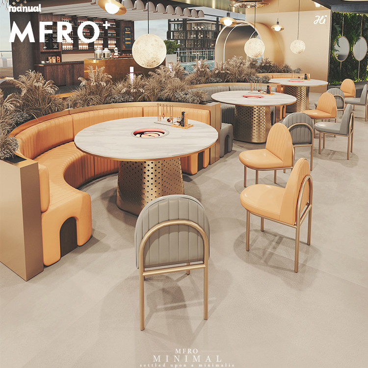 MF Big Round Hot Pot Dining Table And Chairs Combined induction cooktop Barbecue Table Smoke-free Hot Pot Table Arc Cassette Sofa