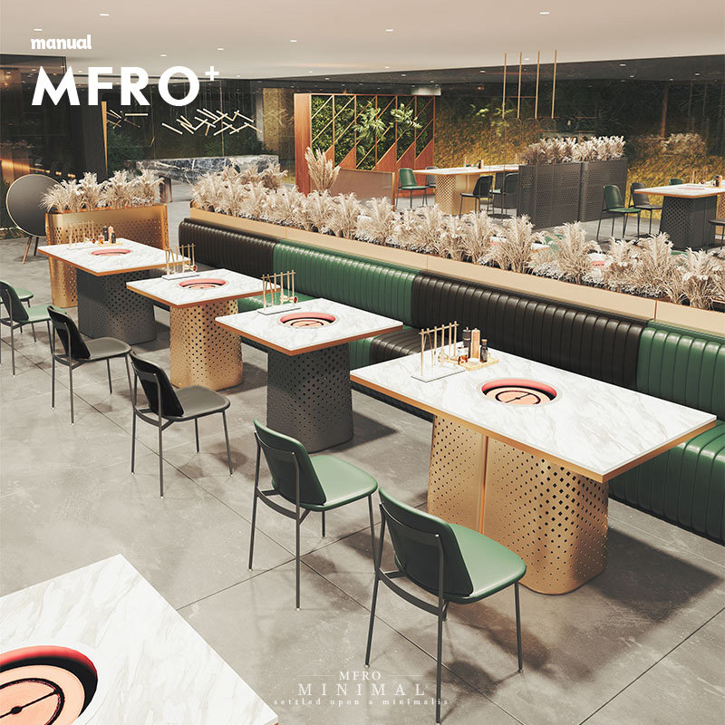 Custom-integrated hot pot table and chairs combined cassette sofa induction cooktop Barbecue Table Rockboard Commercial Hotel