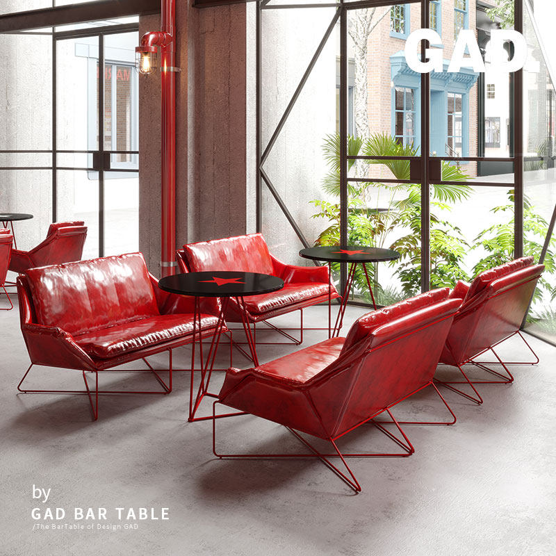 Flame Red Club Double Sofa Card Seat Cafe Milk Tea Shop Theme Bar Table and Chair Combination Simple Casual